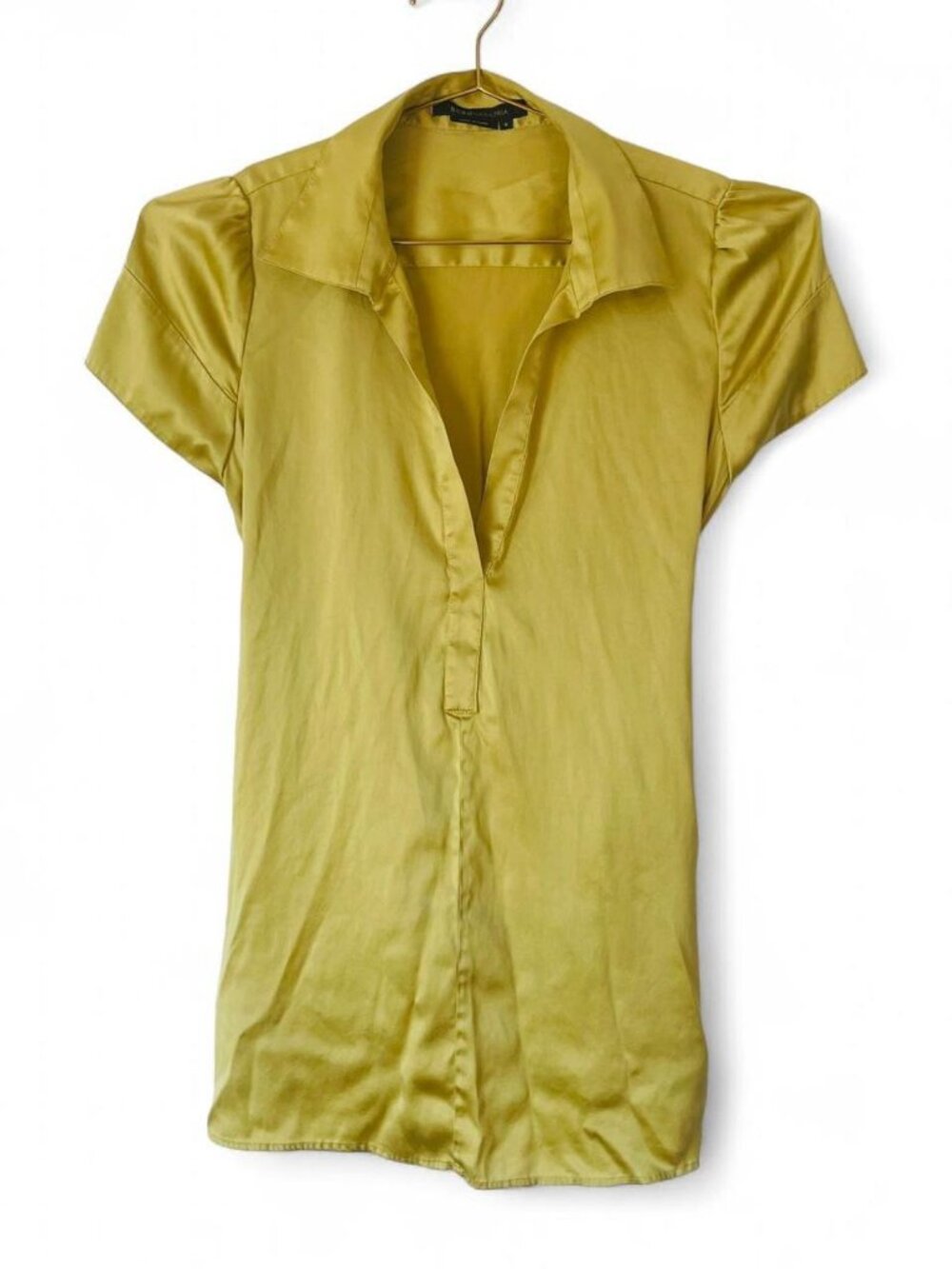 BCBGMAXAZRIA Chartreuse Silk Tunic Blouse – Y2K Draped V-Neck Top (Size S)